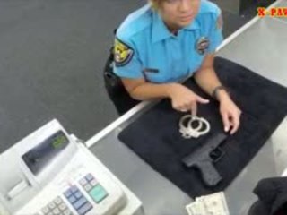 Security officer pawns her stuff and fucked in the backroom